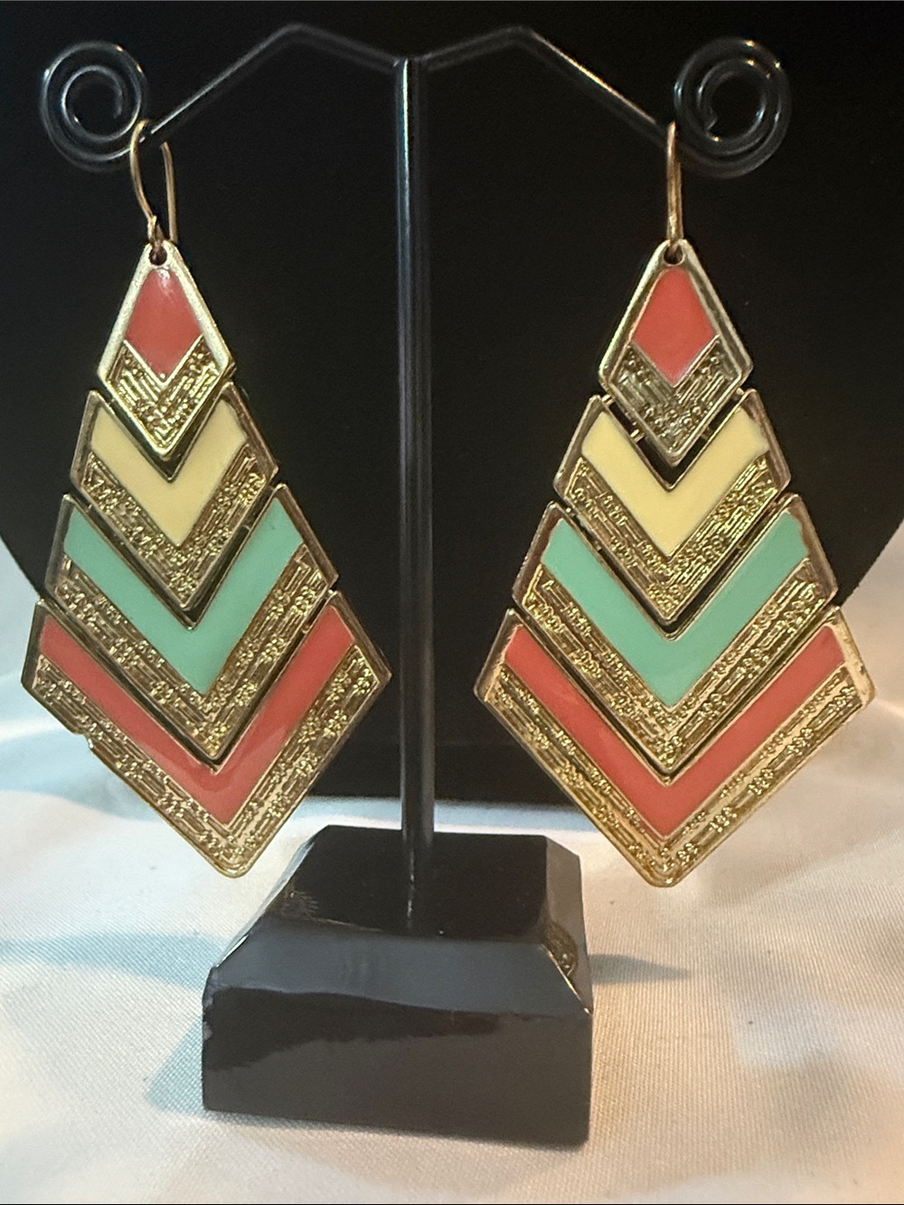 Gold Chevron Drop Earrings with Coral, Mint & Cream Inlay